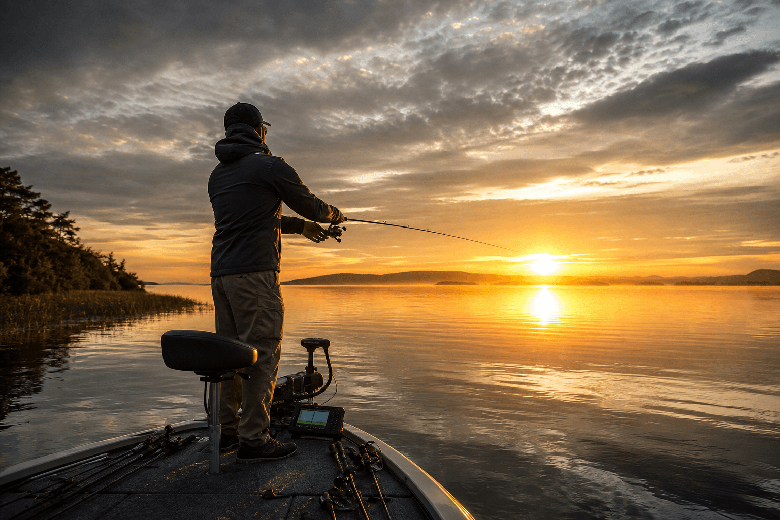 Angler casting from a boat at sunrise with FinTackle gear